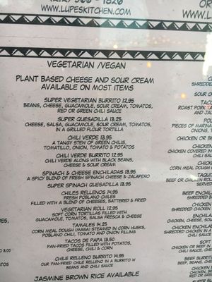 All menu of veggie items at Lupe's in New York City