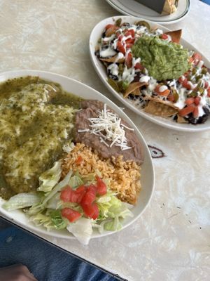 Vegan enchiladas (left), vegan nachos (right)  at Lupe's in New York City