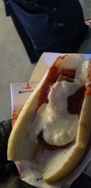 Impossible meatball parm, so much bread (which may or may not be vegan we didn't ask) but not very yummy, get the Impossible sausage with peppers and onions instead. at Vegan City - Citi Field in New York City