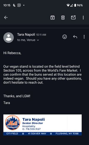 Screenshot of email from Citi Field Senior Director of Hospitality Tara Napoli at Vegan City - Citi Field in New York City