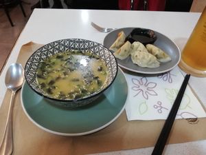 Miso soup and veggie gyoza at Suki Ramen Bar in Barcelona