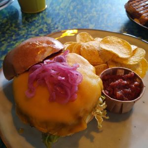 Vegan beyond burger with vegan cheddar cheese at Kweekcafé in Haarlem