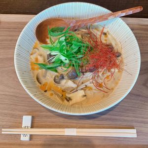 Soy milk soba with mushrooms at Sobaful in Tokyo