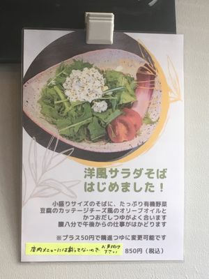 They have salad soba. For vegan, ask to change tsuyu (soup) to Shojin-tsuyu (+50 yen) at Sobaful in Tokyo