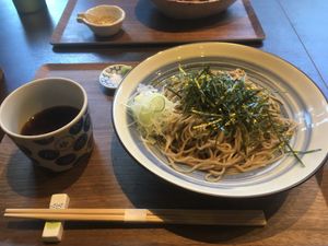 Zarusoba noodles with Shojin-dashi (kombu weed and shiitake mushroom broth)  at Sobaful in Tokyo