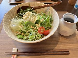 Salad soba with vegetables and vegan cottage cheese  at Sobaful in Tokyo