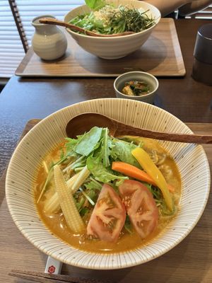 Cold curry noodle with veg-kimchi  at Sobaful in Tokyo