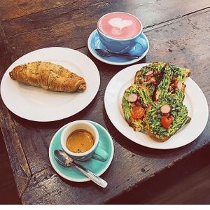 Croissant, espresso, toast avocat, ginger beetroot latte. at Cloud Cakes -  Notre Dame de Lorette in Paris