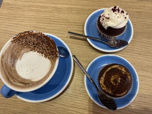 Hot chocolate, red velvet cake and a coffee cake  at Cloud Cakes -  Notre Dame de Lorette in Paris