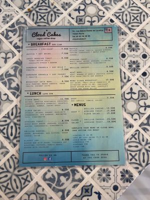 English menu  at Cloud Cakes -  Notre Dame de Lorette in Paris