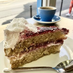 Coconut cake with raspberry, lychee jelly and cream.  at Cloud Cakes -  Notre Dame de Lorette in Paris