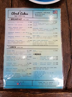 English menu at Cloud Cakes -  Notre Dame de Lorette in Paris