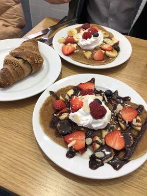Pancakes (one with maple syrup and one with chocolate) and croissant  at Cloud Cakes -  Notre Dame de Lorette in Paris