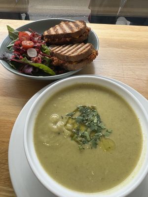 Cauliflower & Broccoli Soup with Grilled Cheese with Bolognese Sauce and small salad    at Cloud Cakes -  Notre Dame de Lorette in Paris