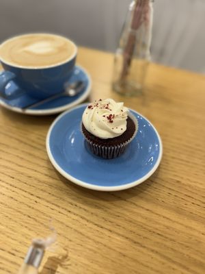 Red velvet cupcake and latte  at Cloud Cakes -  Notre Dame de Lorette in Paris