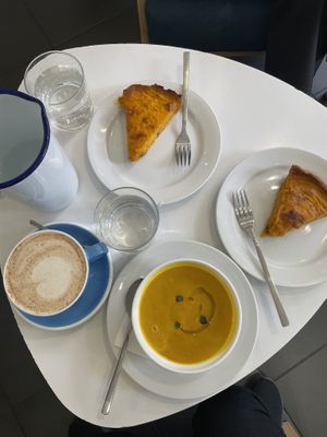 Pumpkin quiche, pumpkin soup, and chai latte. Everything was excellent !  at Cloud Cakes -  Notre Dame de Lorette in Paris