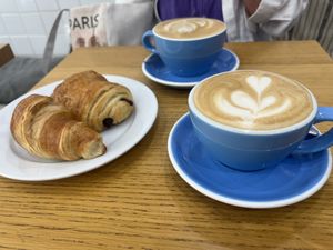 Lattes and pastries (plain croissant and chocolate)   at Cloud Cakes -  Notre Dame de Lorette in Paris