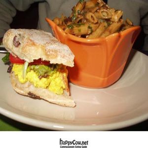 Eggless Egg Salad Sandwich on Kalamata Olive Ciabatta and a side of pasta salad at Fig in Scranton