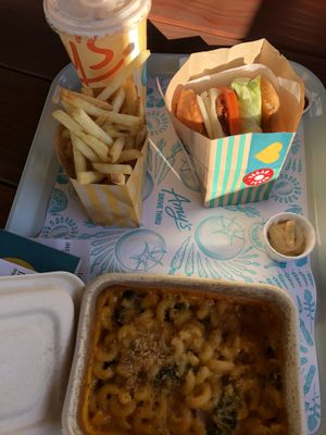 Non dairy chocolate shake, Amy’s fries, regular burger and broccoli mac and cheese at Amy's Drive Thru in Roseville