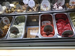 Green Apple Peach Sorbet, Mandarin and Strawberry vegan ice creams at Mpochotis in Corfu