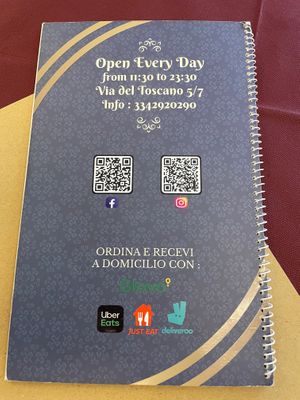 Menu back at Indian Curry Restaurant in Catania