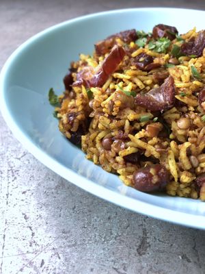 Persian rice bowl: basmati rice, lentils, cranberries, dates and spices  at Turk in San Miguel De Allende