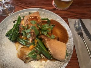 Vegan Roast- Wellington with winter squash and sage.  Green veggies lightly cooked and root veggies well roasted   at Brewhemia in Edinburgh