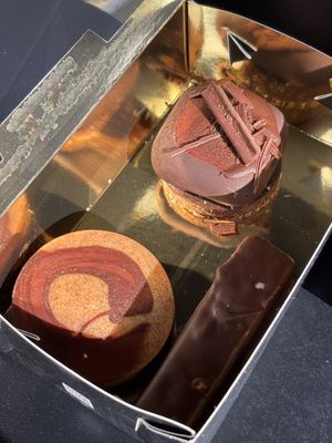 Chocolate brownie (top), Caramel brownie (bottom left) and Bounty bar (bottom right)  at Enso in Limassol