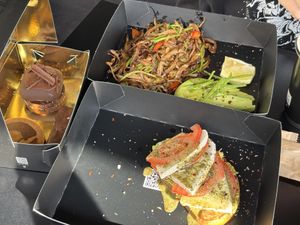 Oyster mushroom toast (top), Open caprese sandwich (bottom), Chocolate brownie, Caramel brownie and Bounty bar (left).  at Enso in Limassol