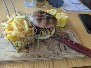 The Reaper Burger with beyond meat and seasoned fries at Aloha in Bridlington