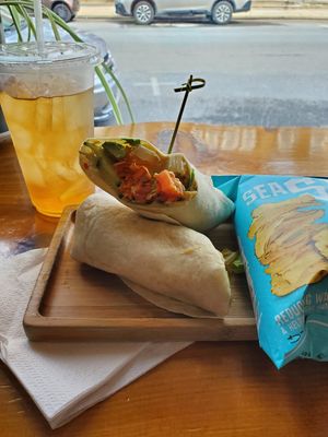 Veggie hummus wrap with chips, green mint tea at Molly's Courtyard Cafe of Marietta in Marietta