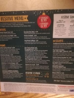 Christmas menu at Rising Sun in Watford