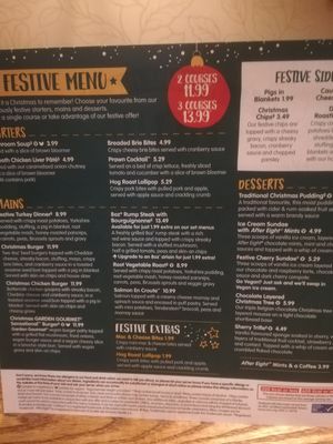 Christmas menu at Rising Sun in Watford