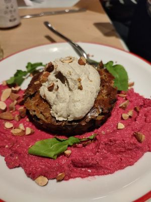 Tortilla with beetroot hummus at Gordo Vegano in Buenos Aires