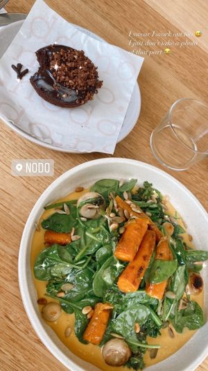 Green harvest bowl with vegan mylk and Milo donut at nodo. in Hawthorne