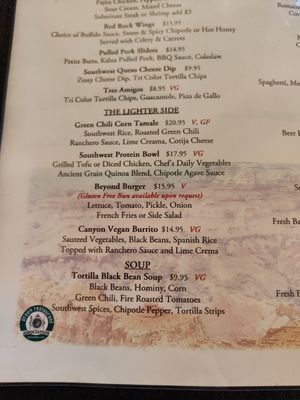VG = vegan. V = vegetarian at Harvey House Cafe in Grand Canyon Village