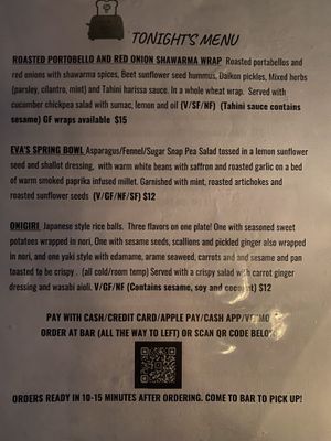 Sample Menu May 2023  at Ornithology Jazz Club in Brooklyn