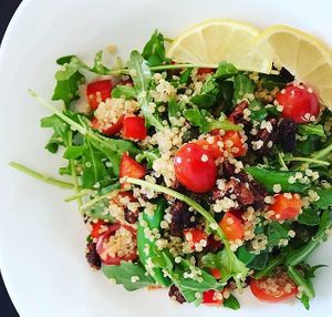 Quinoa & Arugula Salad.
Prepared with organic quinoa, baby arugula, cherry tomatoes spicy candied pecans, and delicately tossed with a white balsamic vinaigrette.  at Vegan Delights LG Inc in Sioux Lookout