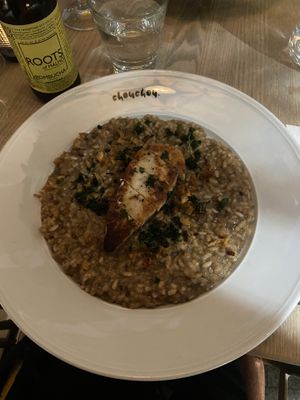 Mushrooms risotto with “chicken” filet  at ChouChou in Stockholm