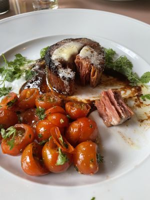 3D printed steak - 380kr. Fun to eat such a like-meat steak, but extremely expensive for the size. Not in the picture but fries come as a side. Also the tomato don’t really match at ChouChou in Stockholm
