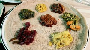 vegan Injera - close-up (different toppings) at Mama Ethiopian Cuisine in Seoul