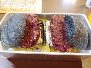 Vegan beet burger with vegan cream cheese at SUSU Vegan Mylk Bar Penang in Penang