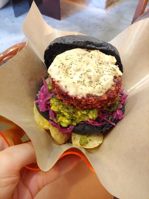 Beet burger with vegan cream cheese at SUSU Vegan Mylk Bar Penang in Penang