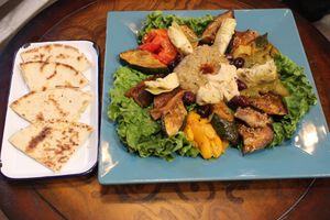 Mediterranean Plate.  Hummus, Baba Ganouj, Grape leaves and roasted vegetables with Pitta bread.    at Marie et Cie in Valley Village