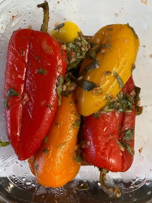 Vegan Roasted Marinated Peppers. In TAKE HOME CONTAINERS.  at Marie et Cie in Valley Village