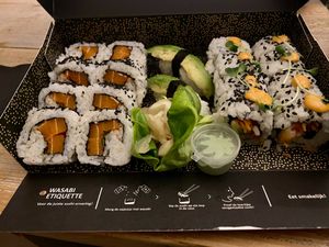 Happy vegan box: spicy salmon roll, avocado nigiri and lemon ebi roll at SushiPoint in Bergen Op Zoom