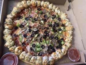 Garlic knot crust with vegan cheese and veggies pizza   at Paranormal Pizza in Bethlehem