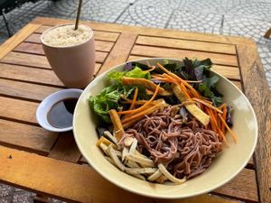 Vegan pho with iced black coffee  at Bon's Vegan Bistro in Ho Chi Minh City