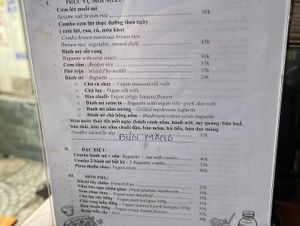 Menu at Bon's Vegan Bistro in Ho Chi Minh City