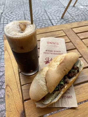 Bánh Mi and caphe da at Bon's Vegan Bistro in Ho Chi Minh City